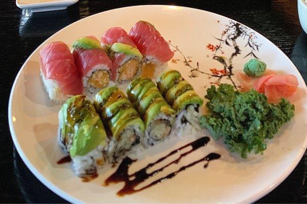 Dinosaur roll (top) spicy crab with tuna avocado. Dragon roll (bottom) eel cucumber topped with avocado