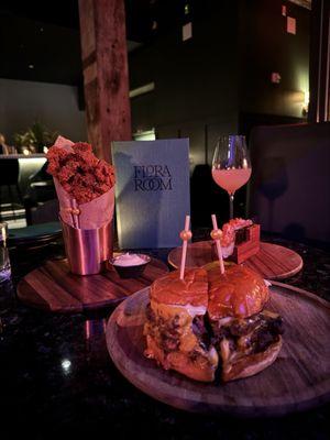 Burger, popcorn chicken, cocktail