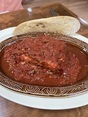 Lasagna with homemade Italian roll.