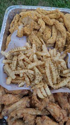 Catering available featuring our fresh fried fish and chicken with Thea's signature seasonings and breading.