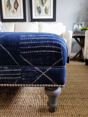 Custom made ottoman in a Ralph Lauren Indigo Blue linen fabric LFY50034F