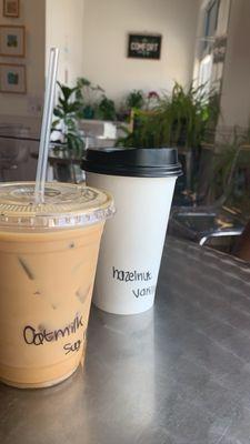 Iced oat milk, sugar-free caramel latte and a hot vanilla hazelnut latte