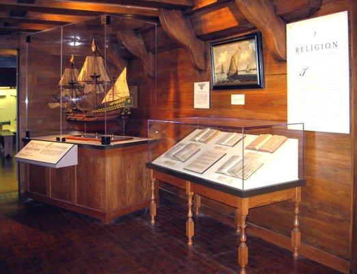 A replica of the Mayflower and bibles used by the Pilgrims