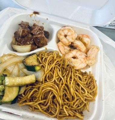 Shrimp, meat, noodles, and veggies