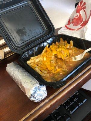 Chicken and rice burrito with half/half and Chile Fries