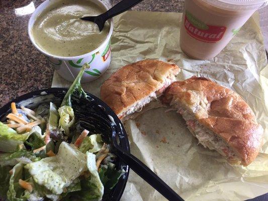 Veggie chicken salad on croissant bread, zucchini soup, salad with cilantro dressing and horchata.