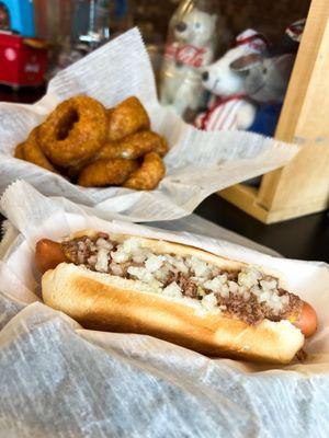 Coney Island dog all the way and a small order of Onion Rings