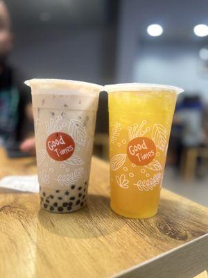 Okinawa milk tea with boba instead of pudding (L) & mango green tea (R)