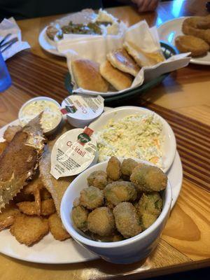 Seafood platter with fried okra and coleslaw