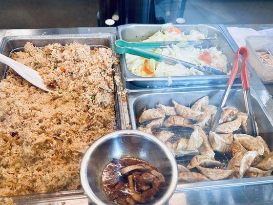 Left to right: fried rice, gyoza,