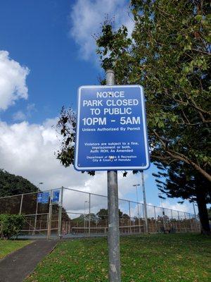 The Kaneohe District Park = park hours. The tennis courts are in the background.