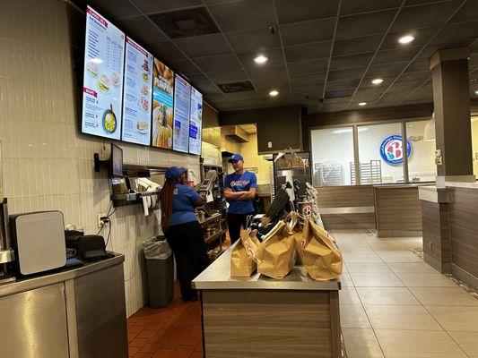 Very clean counter, to-go orders waiting for pickup