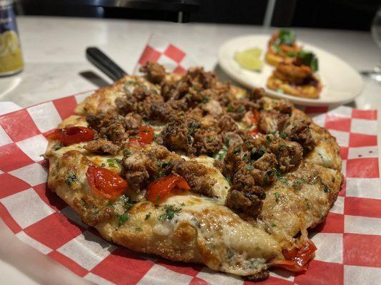 The Camila - garlic butter, fried chicken, peppadew peppers, agrodolce and mozzarella.  Delicious.