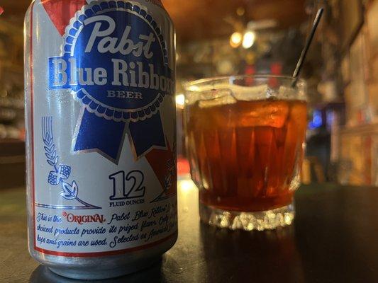 Friday afternoon, PBR for me and a Frey Ranch Rye Old Fashioned...for Lea