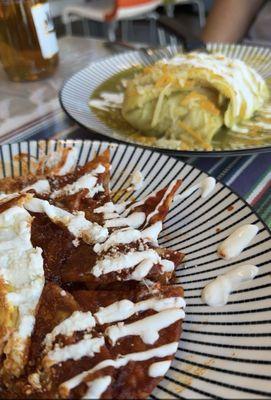 Red Plain Chilaquiles and green enchilada Asada Burrito