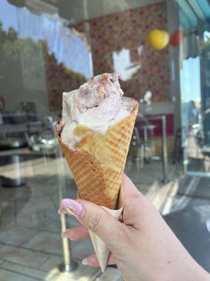 banana nutella gelato in a waffle cone