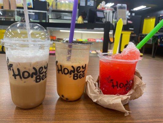 Queen bee double coffee, Thai tea with boba pearls, and a Bahama mama snow cone.