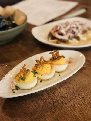 Plum Deviled Eggs. Dairy free without the crispy fried shallots.