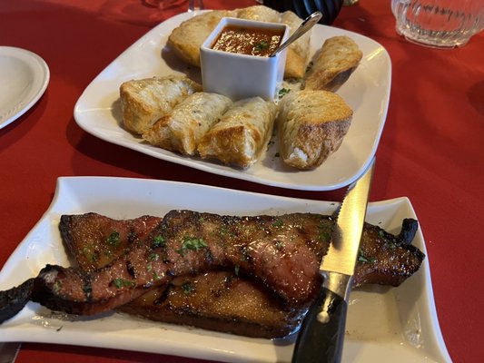 Bacon appetizer, garlic bread with cheese and marinara appetizer