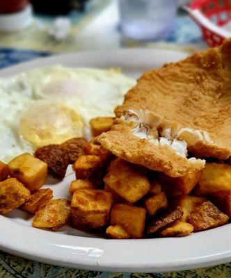 Flounder, eggs and home fries