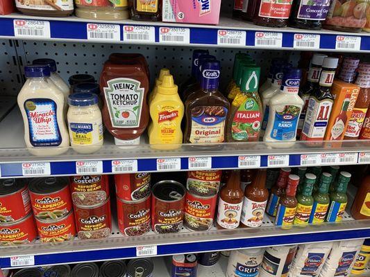 All sorts of mustards, ketchups, steak sauces