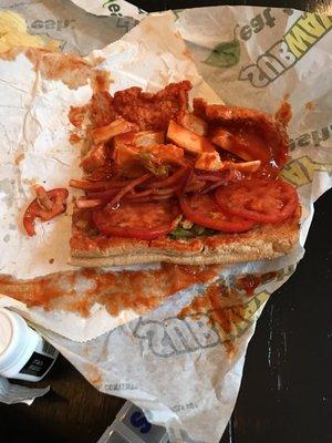 An un-toasted buffalo sandwich with nothing but hot sauce, had to return for a refund.