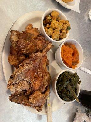 Pork Chops with collard greens, yams and okra