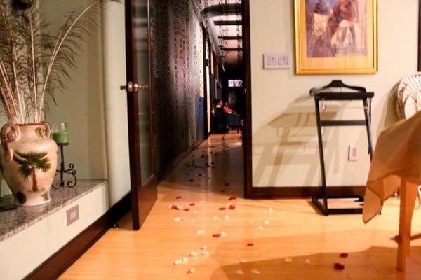 For our romantic spa day package, we put rose petals on the treatment room floor & tables!  Soooo, romantic and upscale!