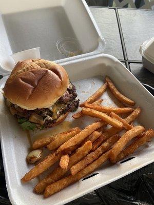 Black Salt Cheeseburger with Seasoned Fries