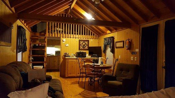 Inside the very cozy "Mountain" cabin. (Comes with coffee pot, but we always bring our own teapot when we travel.)