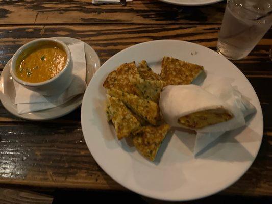 Game day breaky. Bacon egg and cheese burrito w potato pancakes. Added side of curry sauce.