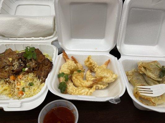 43. Charbroiled Pork Fried Rice, Fried Shrimp Tempura (8 pcs), Pan Fried Dumplings (8 pcs)