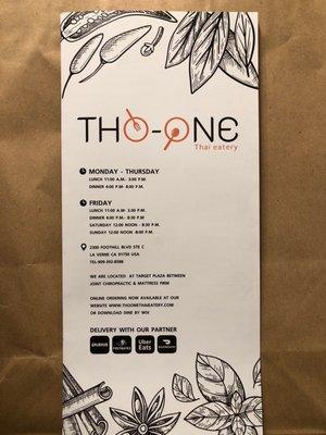 Tho-One Thai Eatery menu cover