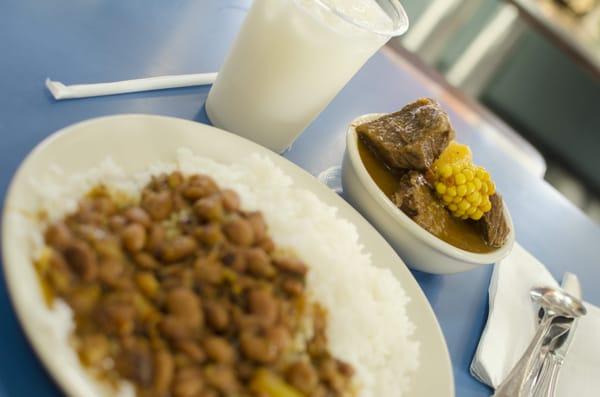 Beef Stew. White rice and beans. Coconut Juice.