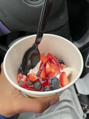 vanilla froyo, chocolate chips, blueberries, strawberries, and strawberry jams