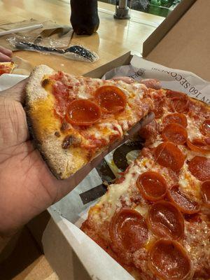 Small slices but lots of pepperoni and the pizza was good. Just not enough for a meal but a great snack