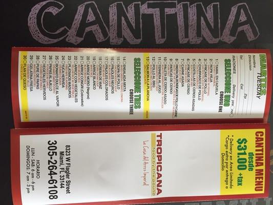 Cantinas 31$ + Tax Mon-Fri ... Tuesday Menu