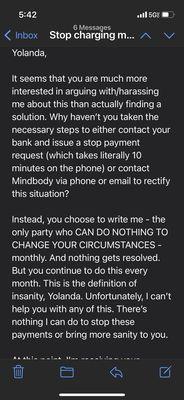 This is Chioma Nwosu's response to me asking her to stop charging my account. I cancelled my membership last year around June or July 2022.