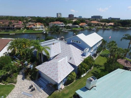 Metal roof on waterfront house.