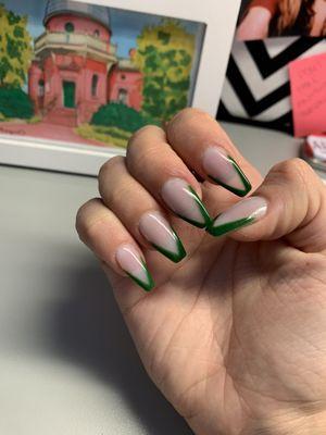 Acrylic coffin shaped green V french manicure