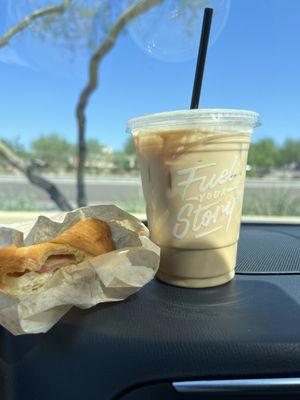 Iced Caramel Blondie and Ham & Swiss Croissant