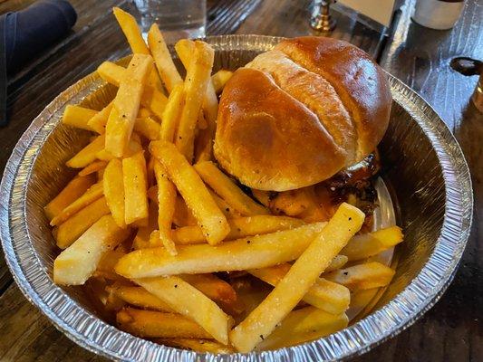 BBQ chicken sandwich with fries