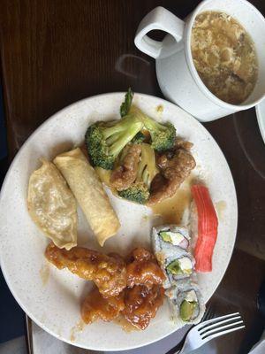 Spring roll, won ton, beef n broccoli, sushi, hot n sour soup