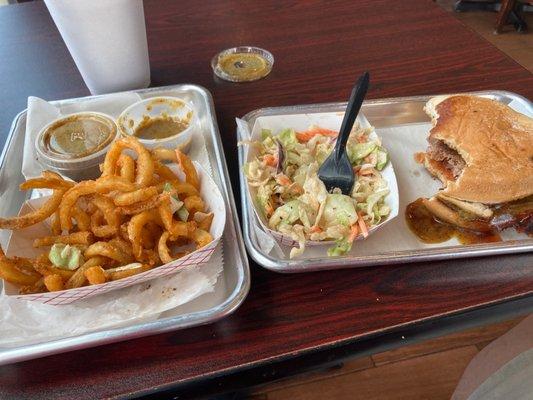 Brisket sandwich, fries, slaw