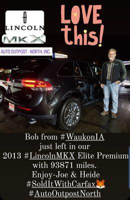 Bob from #WaukonIA just left in our 2013 #LincolnMKX Elite Premium with 93871 miles. Enjoy-Joe & Heide
#SoldItWithCarfax #AutoOutpostNorth