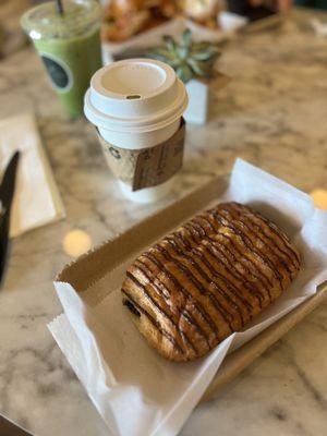 Matcha Latte and Chocolate Croissant