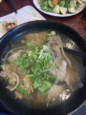 Build your own pho: Beef broth, rice noodles, flank, another cut of meat that I forget the name of