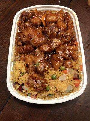 Orange Chicken combo with Pork Fried Rice and Egg Roll (not shown).