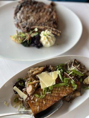 Ribeye steak done to perfection, wild mushroom side DELICIOUS!