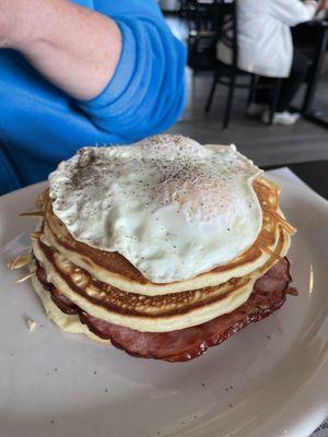 Three pancakes with sausage, ham and eggies!